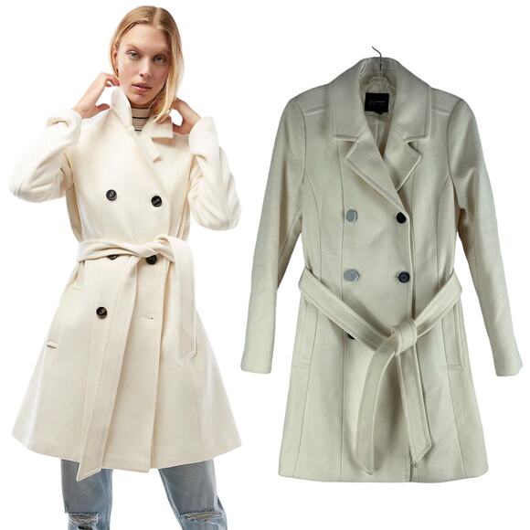 Express Premium Wool Blend Belted Double Breasted Coat Cream White Size XS - Picture 2 of 7
